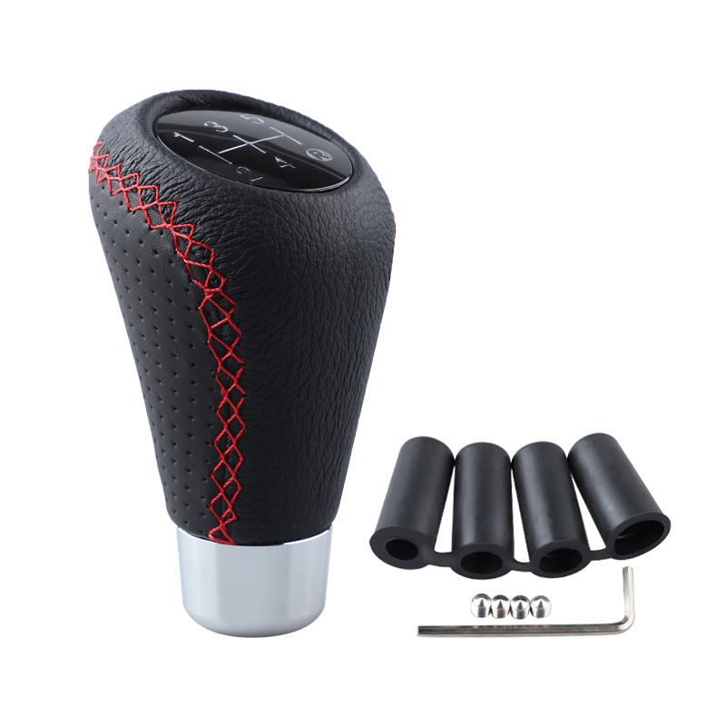 Universele 5-traps Handgeschakelde Lederen Versnellingspookknop Rode Steek Auto Versnellingspook Hendel Voor Handgeschakelde Transmissie Passend M8 M10 M12 Auto Interieur Accessoire