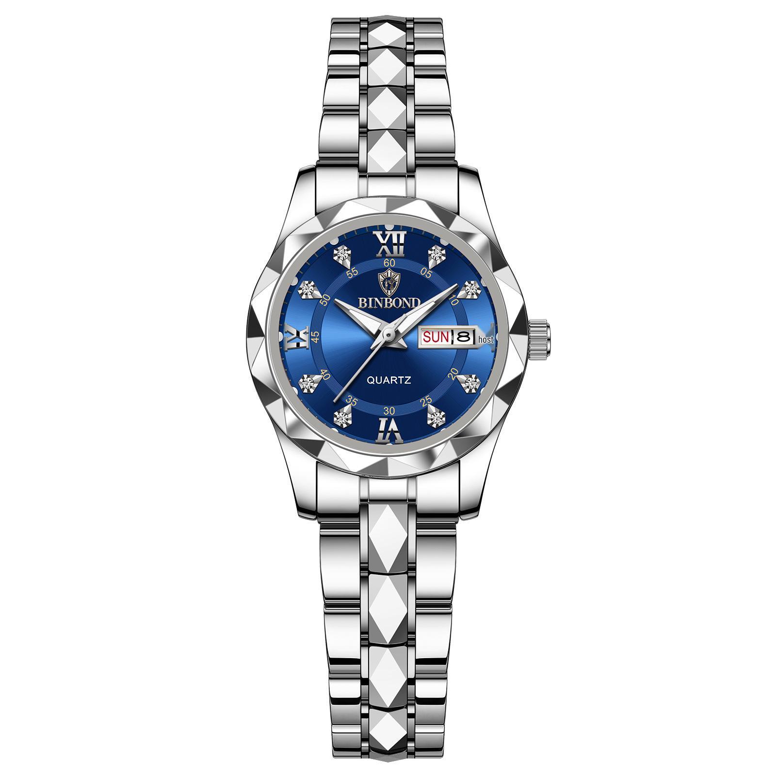 BINBOND Men s Waterproof Luminous Quartz Watch with Double Calendar & Rhombus Spire Glass