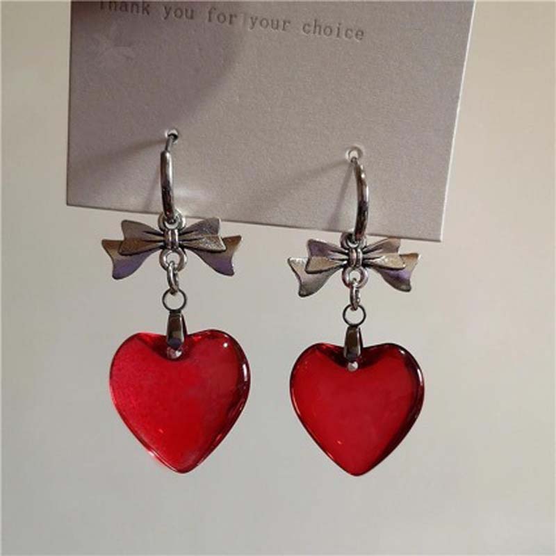 

Sweet Cool Red Heart Dangle Earrings for Women Girls Punk Metal Bowknot Personality Drop Earrings Y2K Zircon Accessories червоний