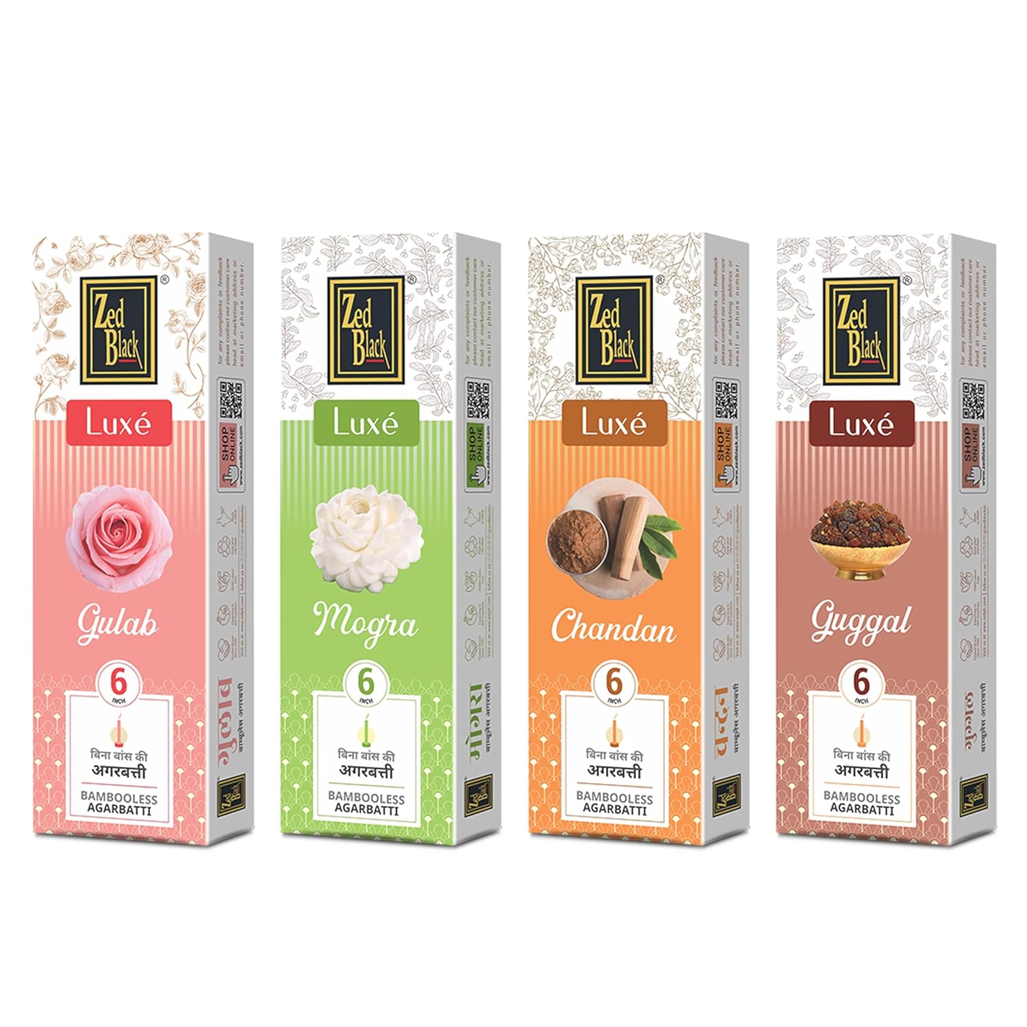 

Zed Black Luxe Series Бамбуковые благовония без основы 70 палочек X 4 упаковки Долгоиграющие 4 аромата - Чандан, Гулаб, Гуггал и Могра
