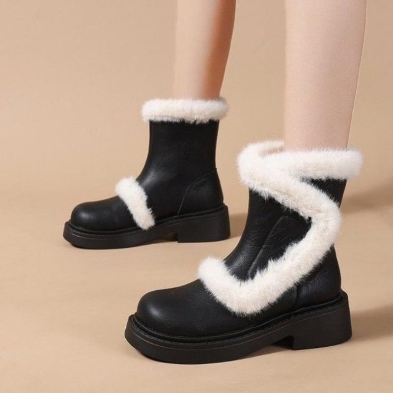 Winter Round Toe Chunky Snow Boots for Women Leather Plush Footwear Trend 2025 Padded Booties Goth Furry New In Woman Shoes Sale