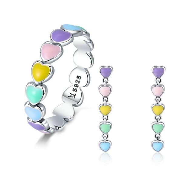 Rainbow Series Jewelry Set , Tone For Women Heart To Heart Finger Ring Earrings Fine Jewelry Giveaway GiftTrendy Rings