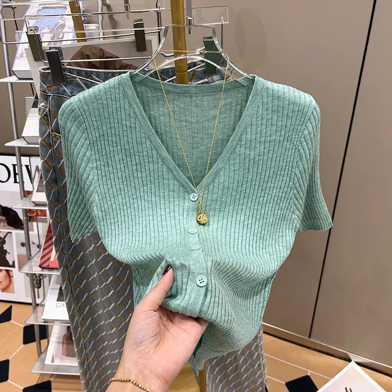 Women s V-Neck Short Sleeve Button Down Ribbed Knit Cardigan S