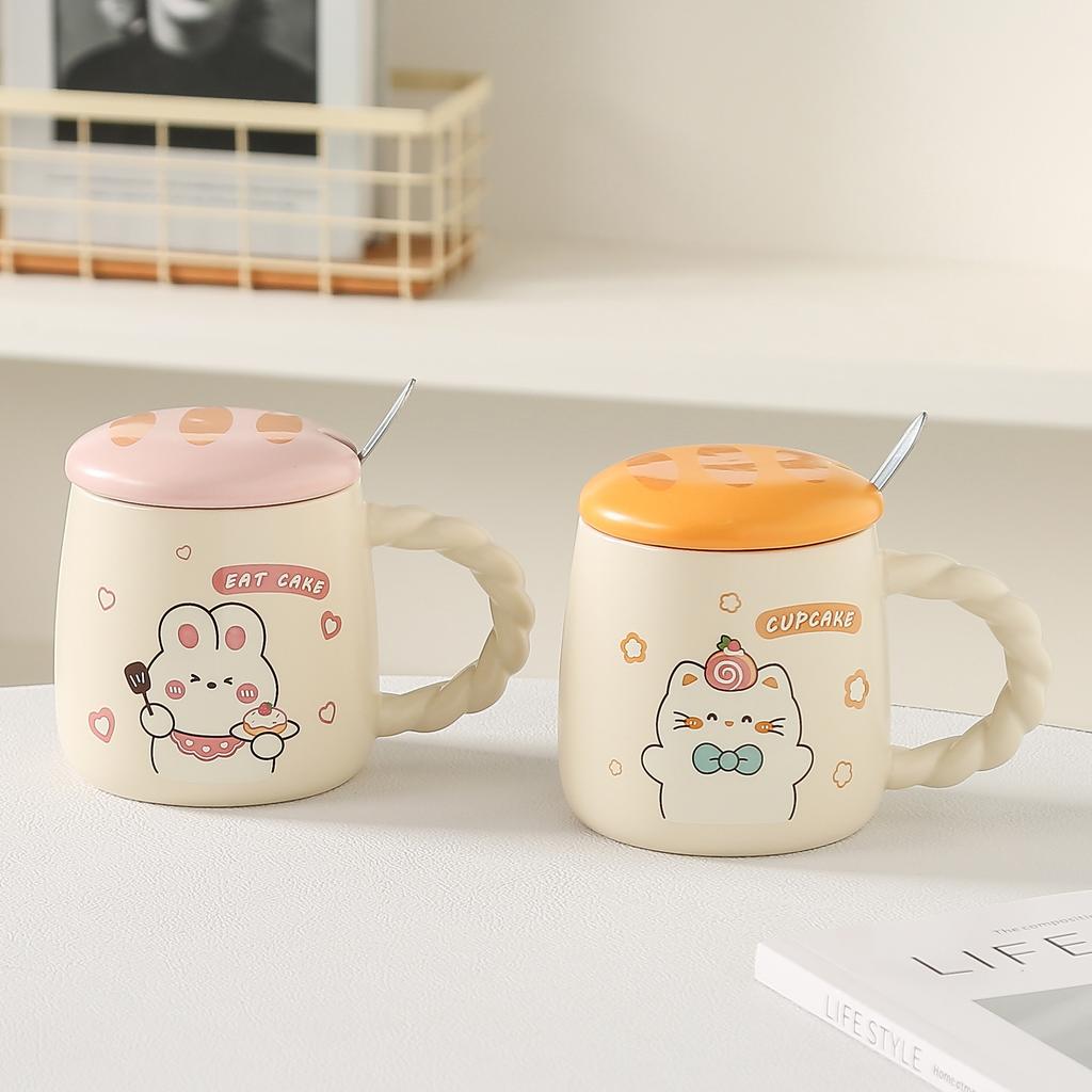 Xícara de café com colher de cerâmica, copo de vento fofo com tampa, conjunto de alto valor, copo de água, copo de água potável para crianças, cerâmica