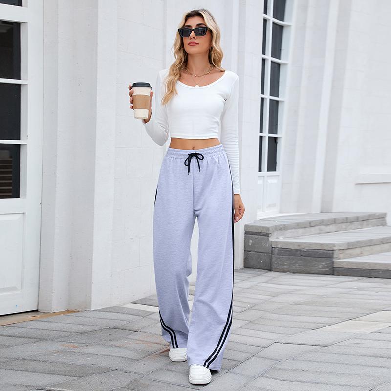 Women Autumn Winter Sports Casual Side Striped Drawstring High-Waisted Straight-leg Pants Sweatpants