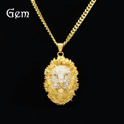 European Hip Hop Full Diamond Lion's Head Pendant Necklace Men's Personality Diamond Animal Stainless Steel Cuban Link Chain Accessories