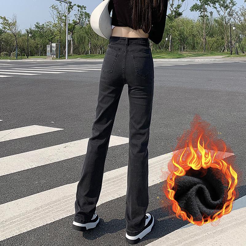 Women's High-Waist Black Straight-Leg Jeans: 2025 Autumn/Winter Hong Kong Style, Plus Velvet, Floor-Length for a Lengthening Look