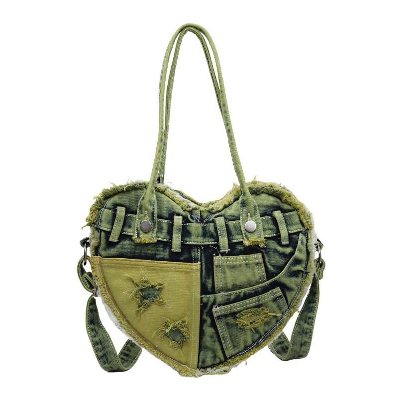 

Super Hot Cool Girl Casual Washed Denim Bag Niche Design Motorcycle Canvas Commuting Street Underarm зелений
