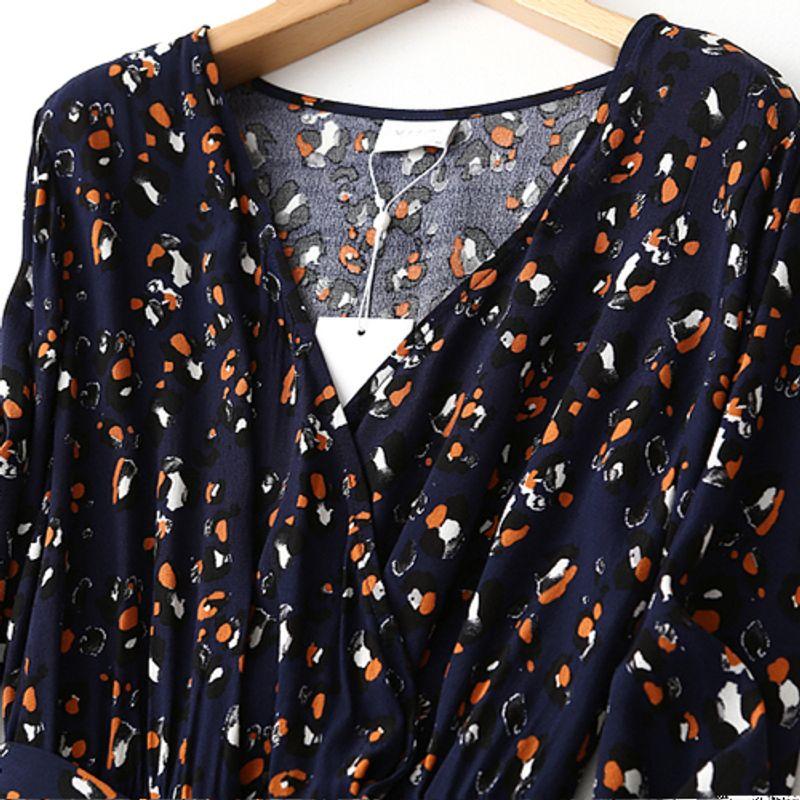 Foreign Trade Export French style Floral Cross V-neck Lace-up Waist Hugging Slimming Rayon Long sleeve dress Spring Long dress