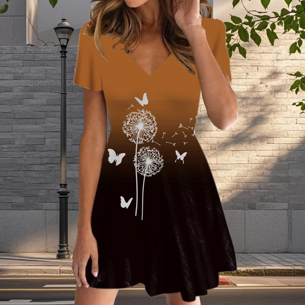 Summer Fashion Women's V Neck Short Sleeve Dandelion Printed Dress Sex Short Skirt Dresses