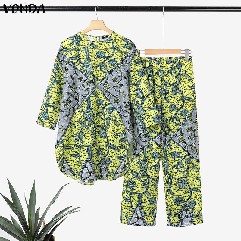 VONDA Oversized Women Long Sleeve Floral Print Tops and Straight Pants Bohemia Sets