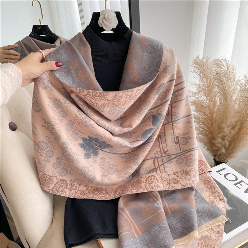 Scarf women's autumn and winter flower porcelain pattern warm thickened double-sided imitation cashmere air conditioner shawl mother scarf