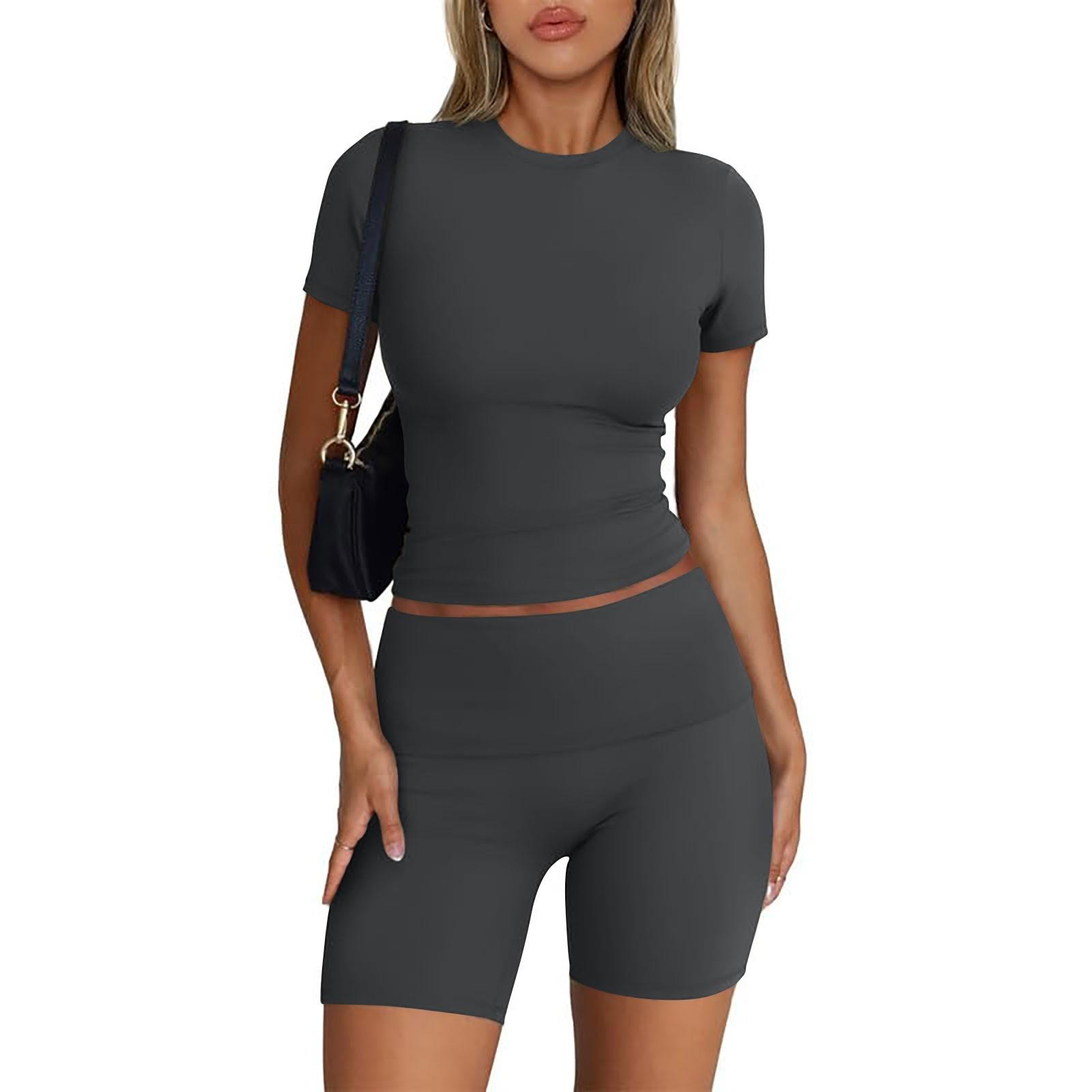 

Женская мода, однотонный топ с круглым вырезом, облегающий топ с короткими рукавами, шорты, повседневные спортивные комплекты, спортивные костюмы XXL