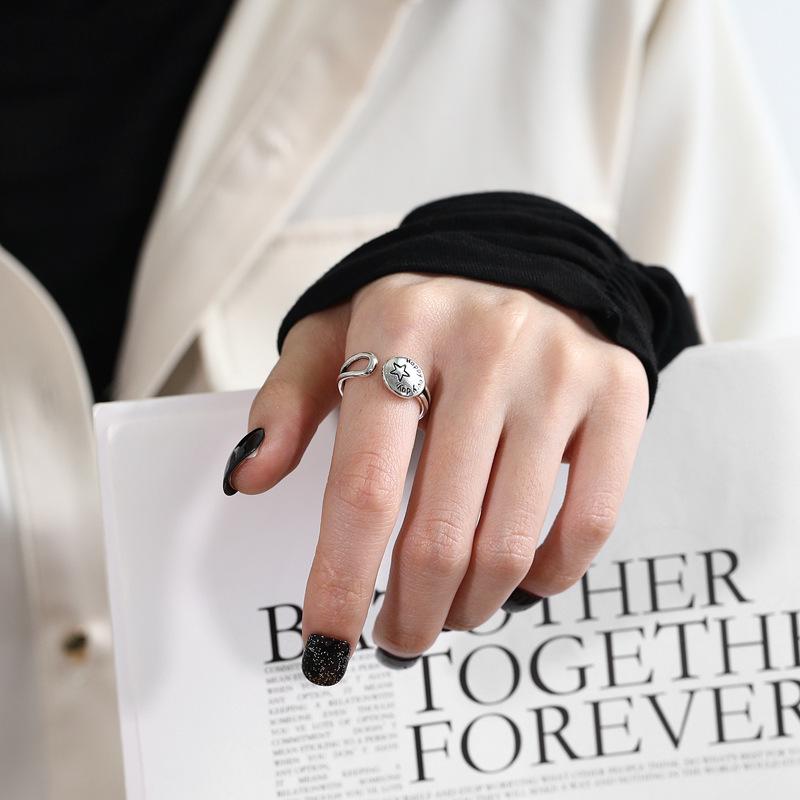 Women's High-end European Style Aged Blackened S925 Sterling Silver Ring with Retro Thai Letter Design