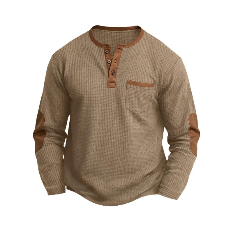 Men's Waffle Knit Henley Long Sleeve Shirt Contrast Leather Patch Pocket Elbow Patch Casual Top