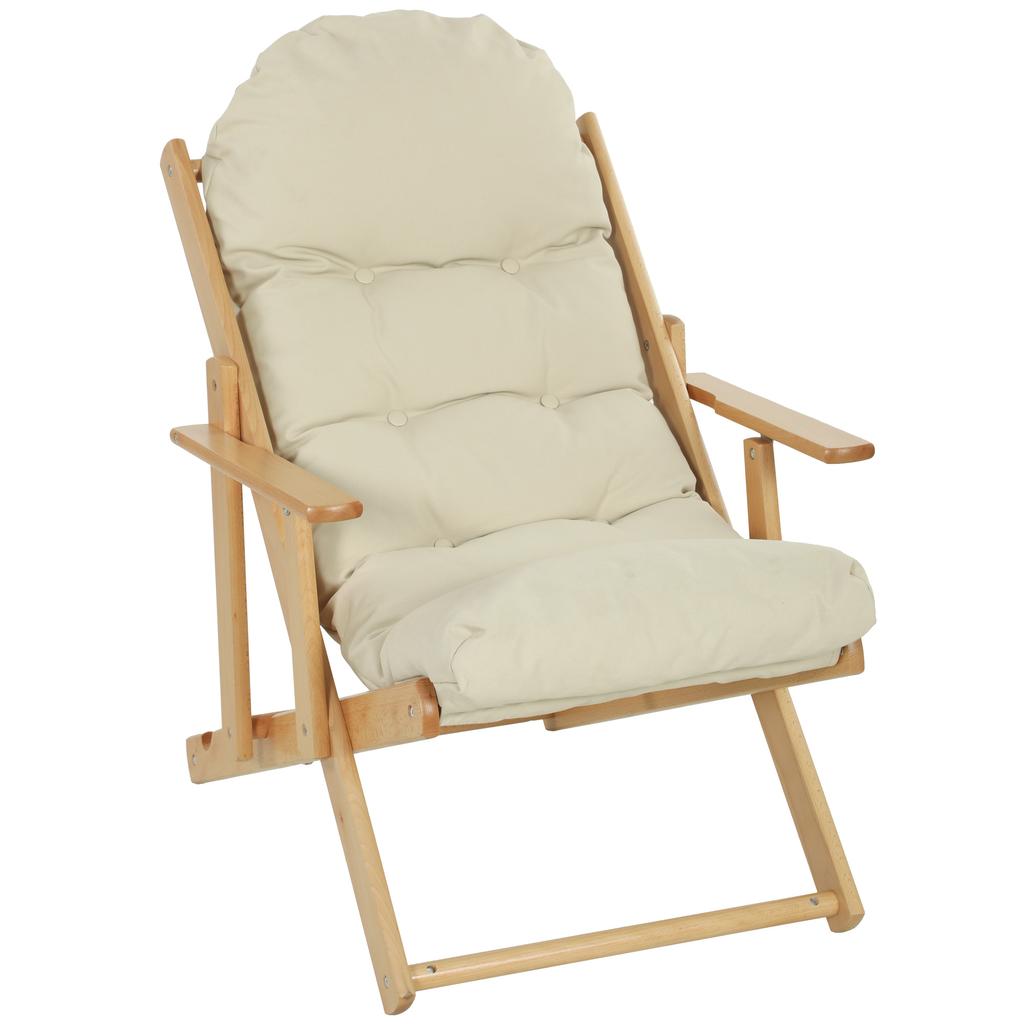 Folding Wooden Lounge Chair, Reclining, Padded Cushion