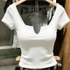 Premium solid color U-neck front shoulder short-sleeved T-shirt women's summer new super good-looking versatile slim-fitting thin short top