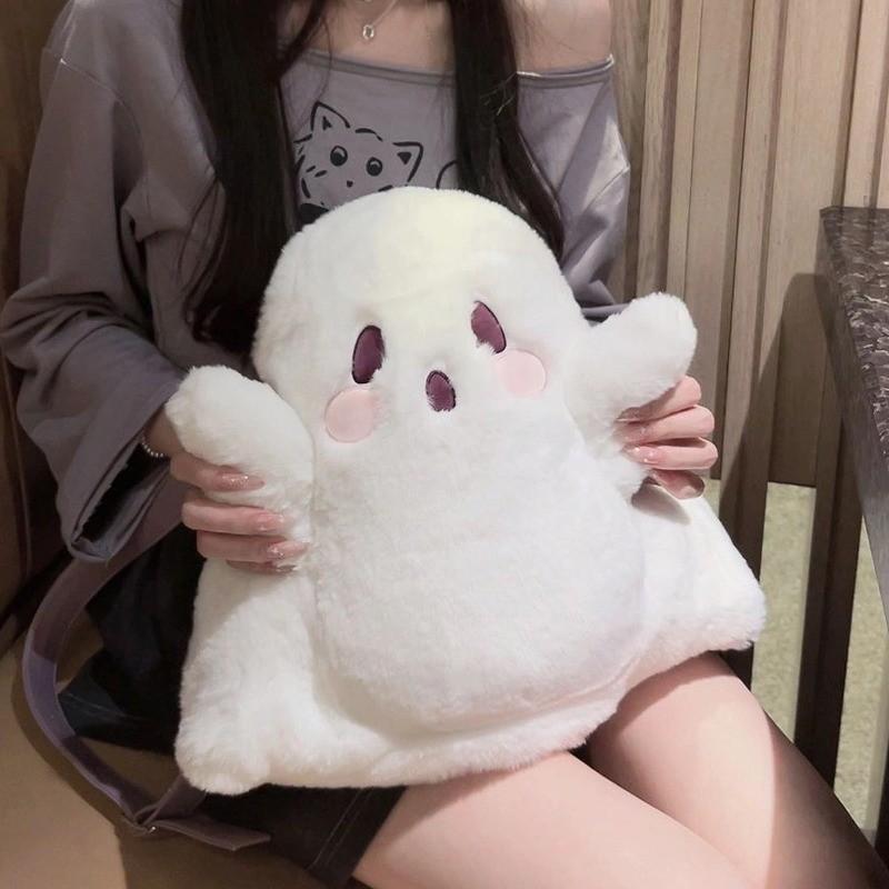 Plush Ghost Cartoon Student Backpack With Storage For Daily Use Girls