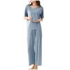2Pcs/Set Top Pants Set Women Pajamas Seamless Ice Silk Round Neck Short Sleeve Solid Color Elastic Waist Wide Leg Loose Soft Breathable Homewear
