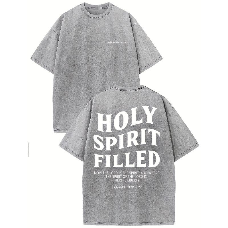 

European Size Holy Spirit Full of Retro Washed High-Quality Pattern T-Shirts, Men S T-Shirts, Old Summer Clothing, Shoulder Sleeves, Crew Neck Tops 5XL сірий