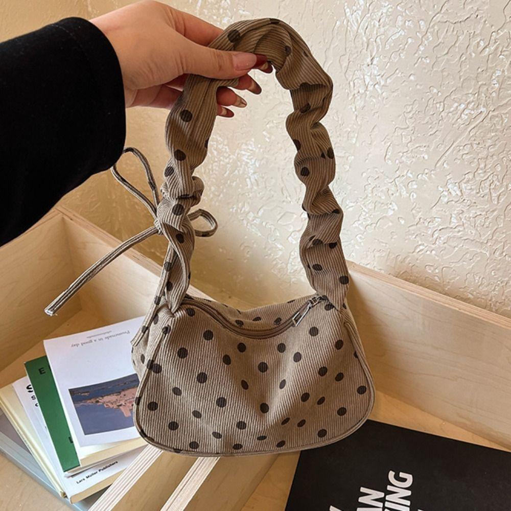 Cloth Polka Dot Shoulder Bag Ruched Strap Canvas Underarm Bag Comfortable Printed Handbag Shopping