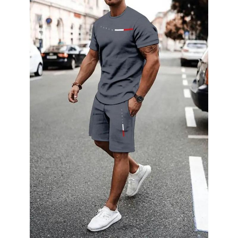 Ensemble Sportif Deux Pièces Imprimé 3D pour Homme T-shirt à Col Rond Couleur Dégradée Hauts à Manches Courtes Shorts Décontractés Fitness