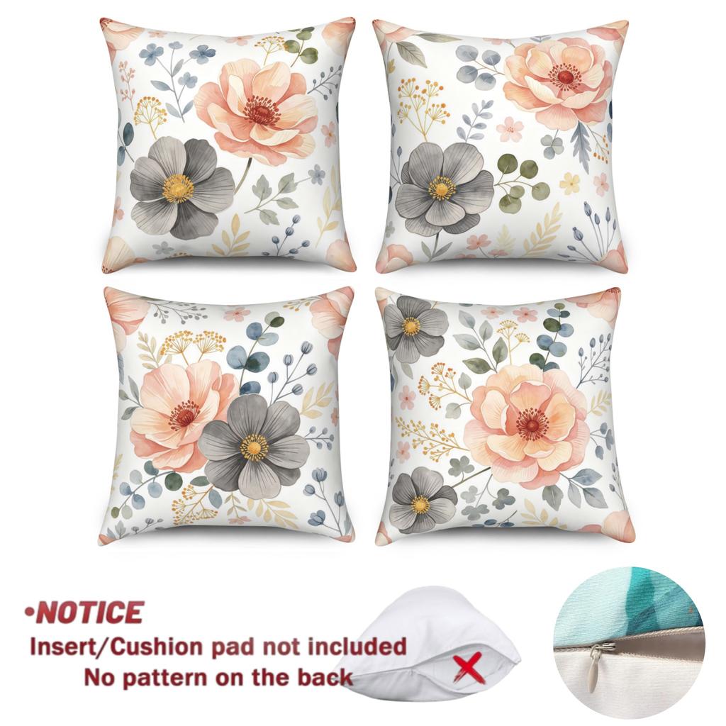 4Pcs Watercolor Floral Throw Pillow Boho Style Peach Gray Flower Covers Polyester Linen Cushion Cases For Sofa Couch Home Decor