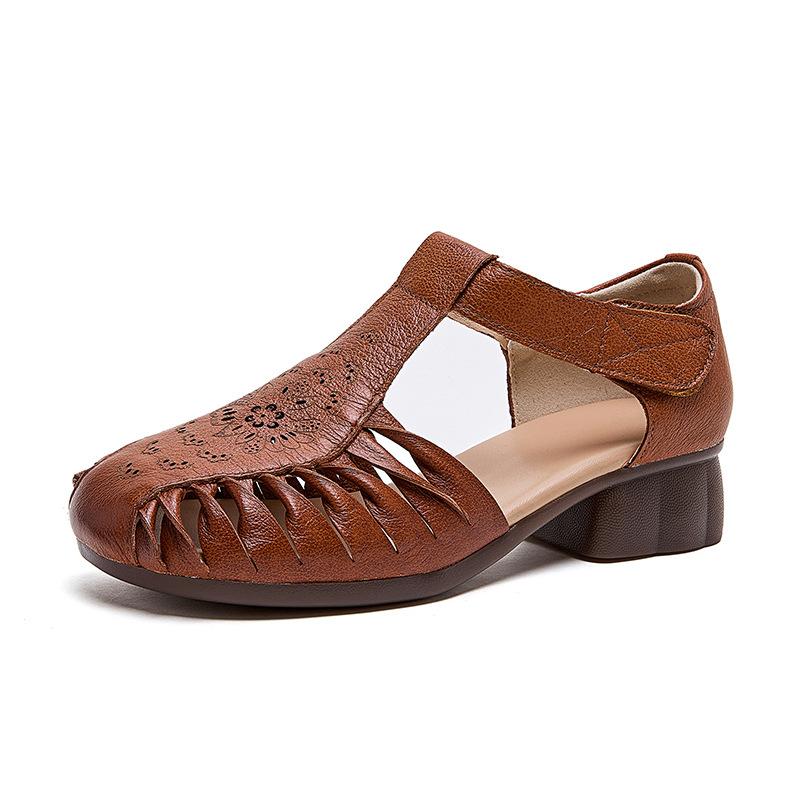 

Жіночі сандалі-гладіатори ручної роботи на низькому підборі, ажурні туфлі з натуральної шкіри, дихаючі сандалі з Т-подібним ремінцем та закритим носком для літньої жінки 35