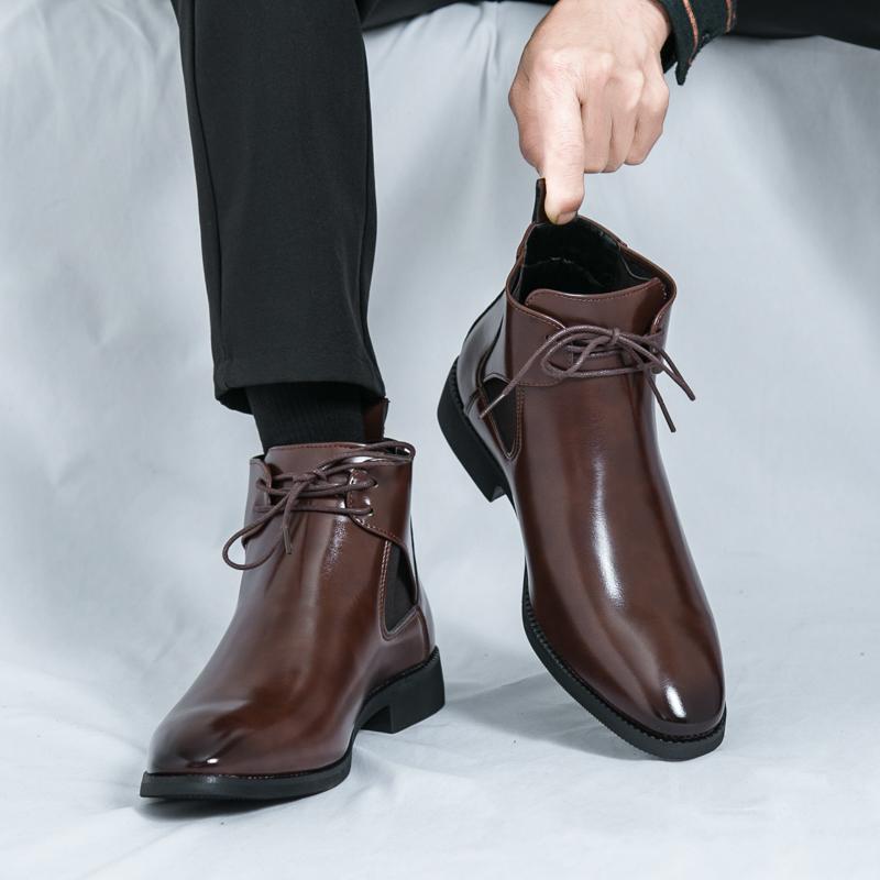 Fashion Fashionable Men's Comfortable Lace Up Polished High Top Leather Shoes Autumn Men's Pointed Business Breathable New Knight Boots