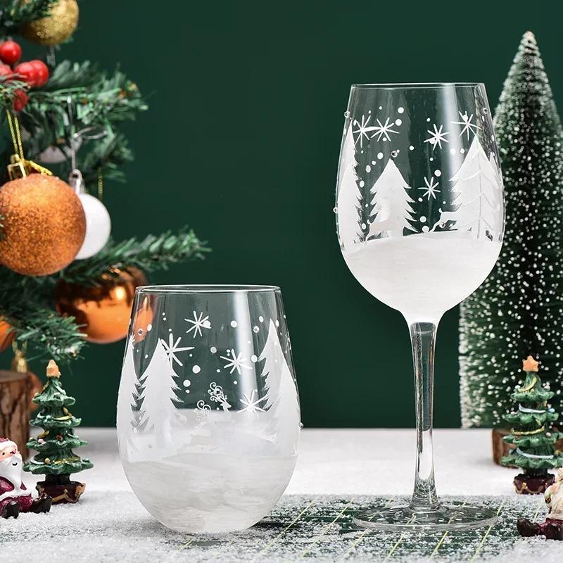 1pcs/2pcs Christmas Series Crystal Red Wine Glasses Colored Pattern High Legged Cup Christmas Party Wine Glass Decorations