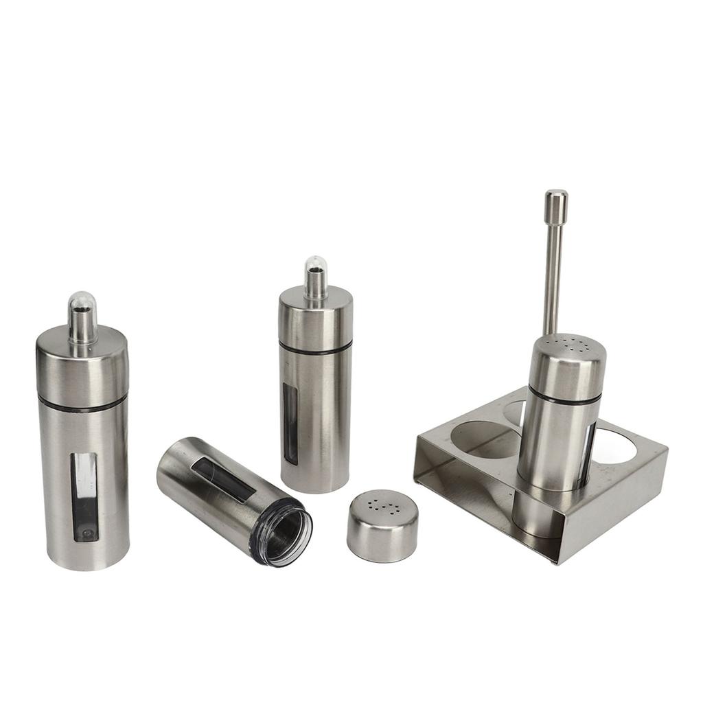Oil Salt Cruet Set 304 Stainless Steel Vinegar Bottle Pepper Shaker with Base Stand for Kitchen