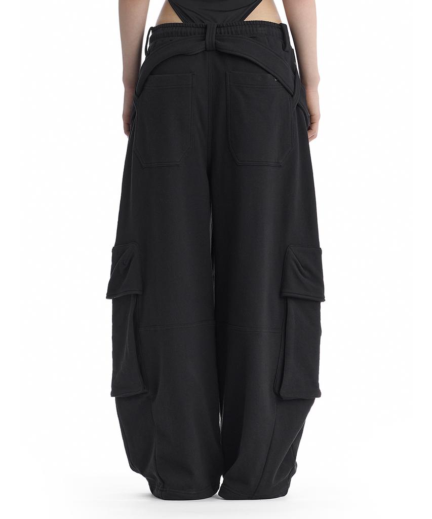 Teulimingbeodeu Utility Belted Cargo Sweat Pants [ Black ]
