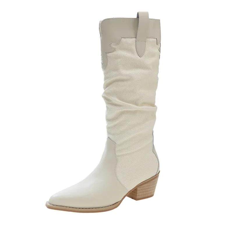 fashion Shoes for Women 2024 Fashion Sleeve Women's Boots Autumn Pointed Toe Mixed Colors High Tube Low-heeled Boots Zapatos De Mujer
