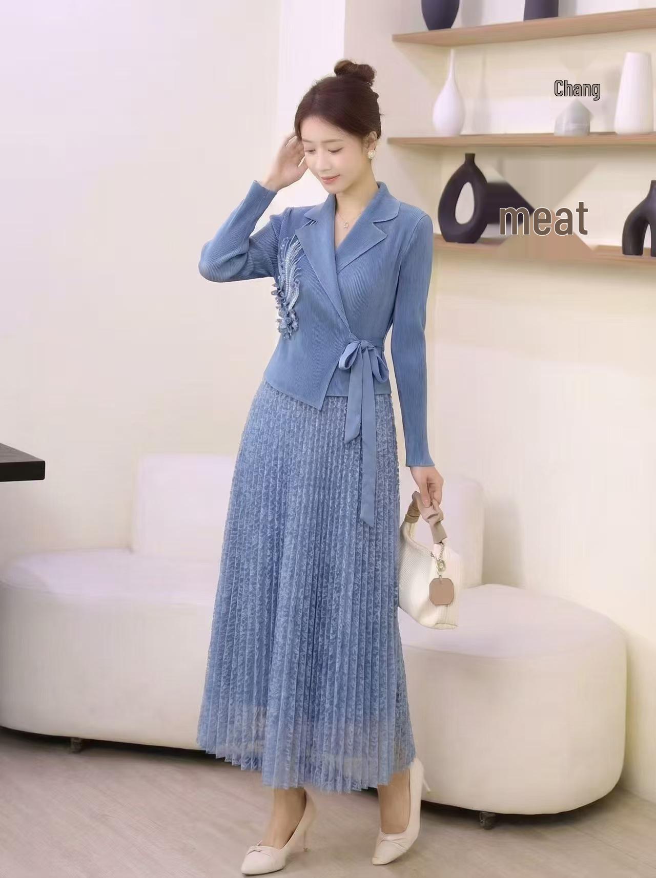 

2026 Elegant Slimming Plus-Size Pleated Long Dress with Suit Collar One Size (80-160 Jin) королевский синий