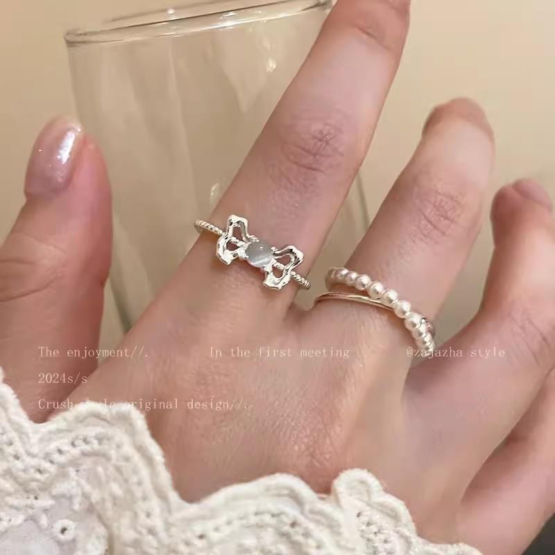 Cat's Eye Stone Bow Opening Pearl Ring - Women's Summer Luxury High-End Sexy Ring for Index Finger - Sweet Finger Ring