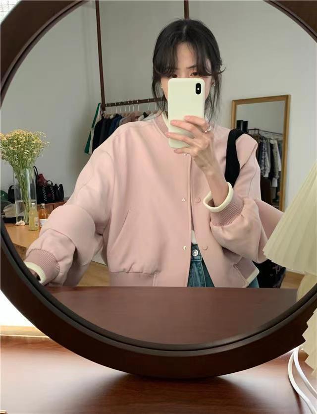 Women's Pink Loose Casual Baseball Jacket - Spring 2025 Korean Style Top, Spandex