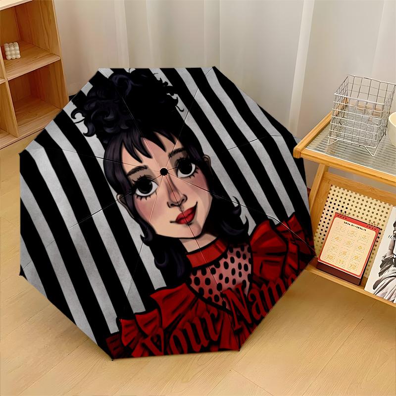 Custom Text Automatic 8 Bone Umbrella, Portable Sun Rain Protection UmbrellaBeetlejuice Lydia Deetz