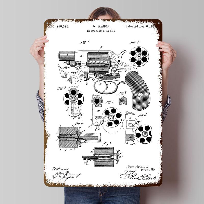 Revolving Fire Arm Patent Drawing Tinplate Posters Customizable Wall Art Retro Vintage Metal Signs for Home Room Desk Decor the