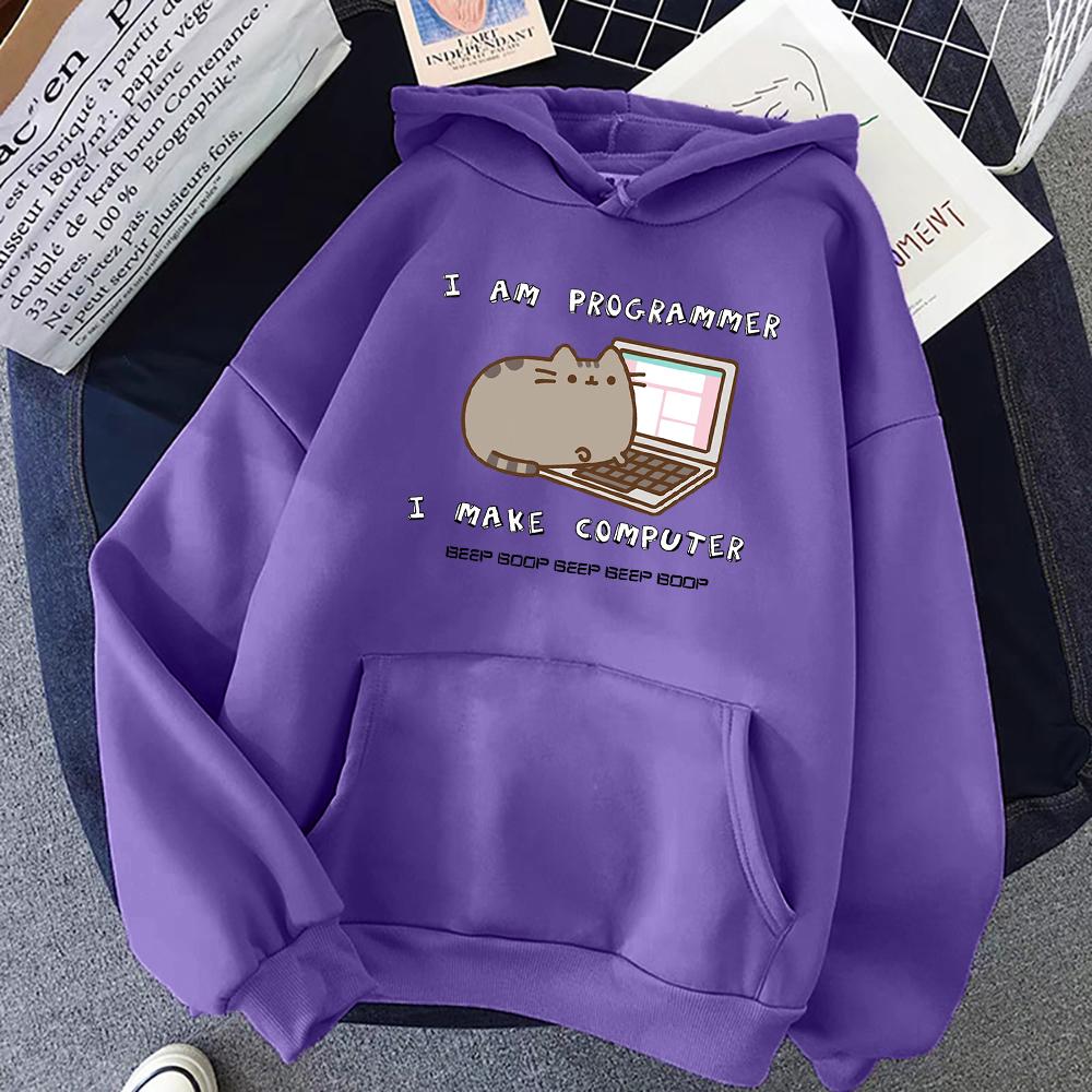 I Am Programmer I Make Computer Funny Cat Womens Hoody Pocket O-Neck Pullovers Casual Fashion Soft Hoody Harajuku Loose Clothes