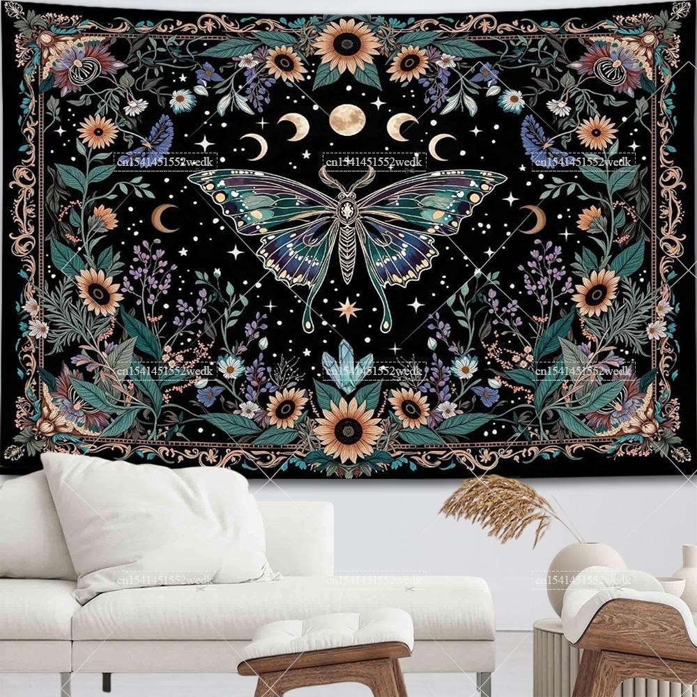 Boho Butterfly Sun Wall Hanging Tapestry Vintage Aesthetic Moth Botanical Witchy Flowers Tapestries Room Decor Altar Cloths