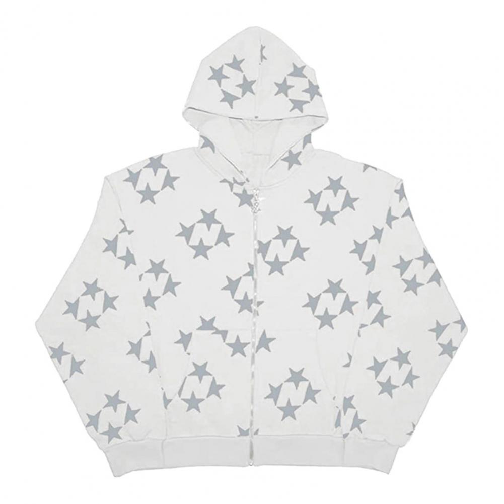Hoodie Coat Star Print Pockets Zipper Closure Elastic Thread Cuff Long Sleeve Loose Unisex Hooded Streetwear Hip Hop Fall Winter