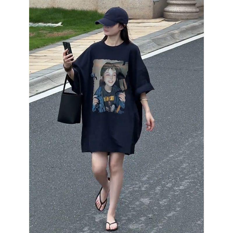 Fashion Trend Versatile Slim-fit Printed Crew Neck Long Short Sleeve European Foreign Style Age Reducing Top T-Shirt Summer 2025