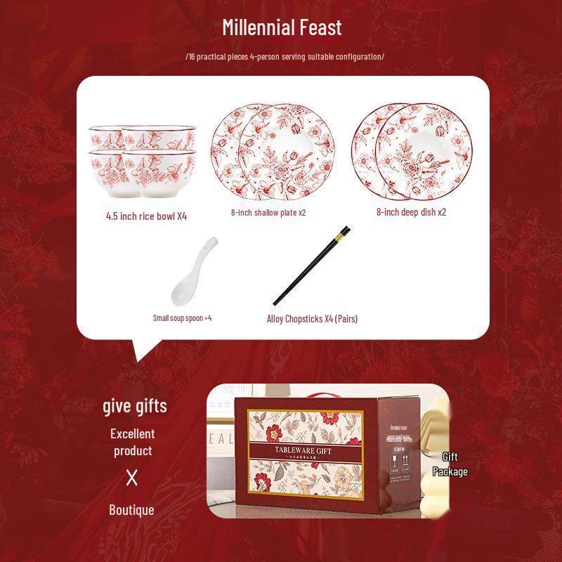 Retro Red Ceramic Dinnerware Gift Set Red Floral Gift Box