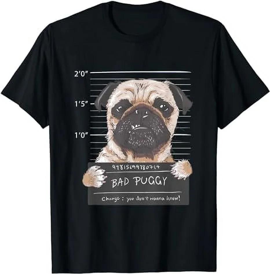 Bad Puggy Mugshot Funny Dog Graphic T-Shirt Cotton Short Sleeve Crew Neck Tee S чёрный