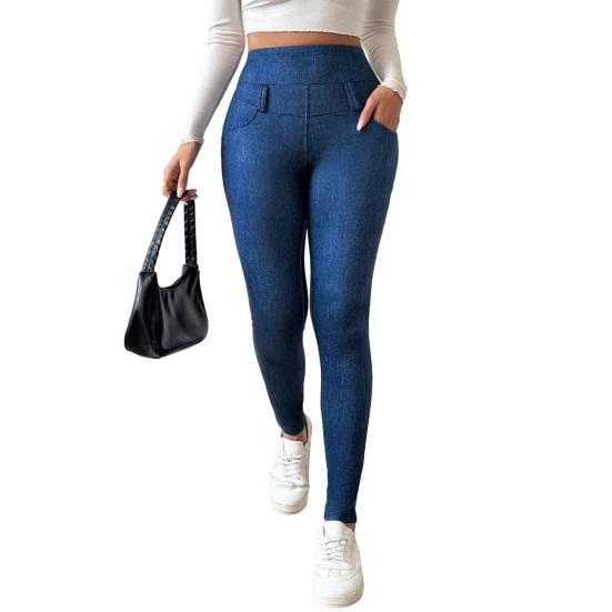 

Women Pencil Pants Imitation Jeans High Waist Velvet Lined Warm Leggings Tight Fit Pants with Pockets Work School Wear S синий