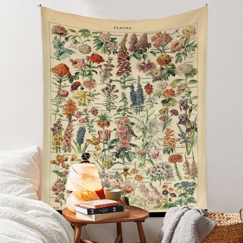 VIKAMA Vintage Floral Tapestry Long Vertical Wall Hanging Illustrated Botanical Tapestry Bedroom Aesthetic Floral Tapestry