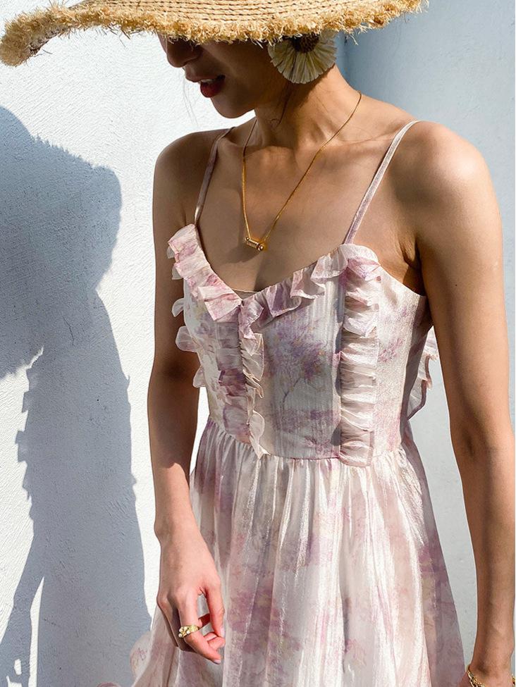 Women's Seaside Holiday Chiffon Printed Spaghetti Strap Long Beach Dress