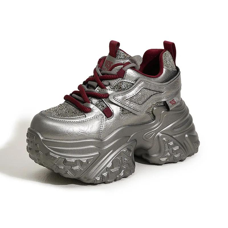 Fashion 10CM Synthetic Genuine Leather Bling Chunky Sneaker Mixed Color Fashion Ankle Boots Women Comfy Autumn Vulcanize Shoes