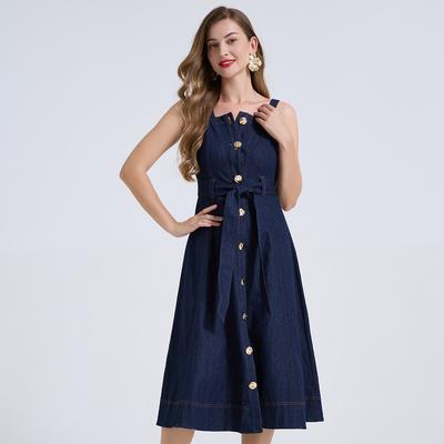 Denim Dress Women Sexy Midi Dresses Strapless Sleeveless Waist Cinch Single Breasted A Line Vintage  2026 Summer Dress