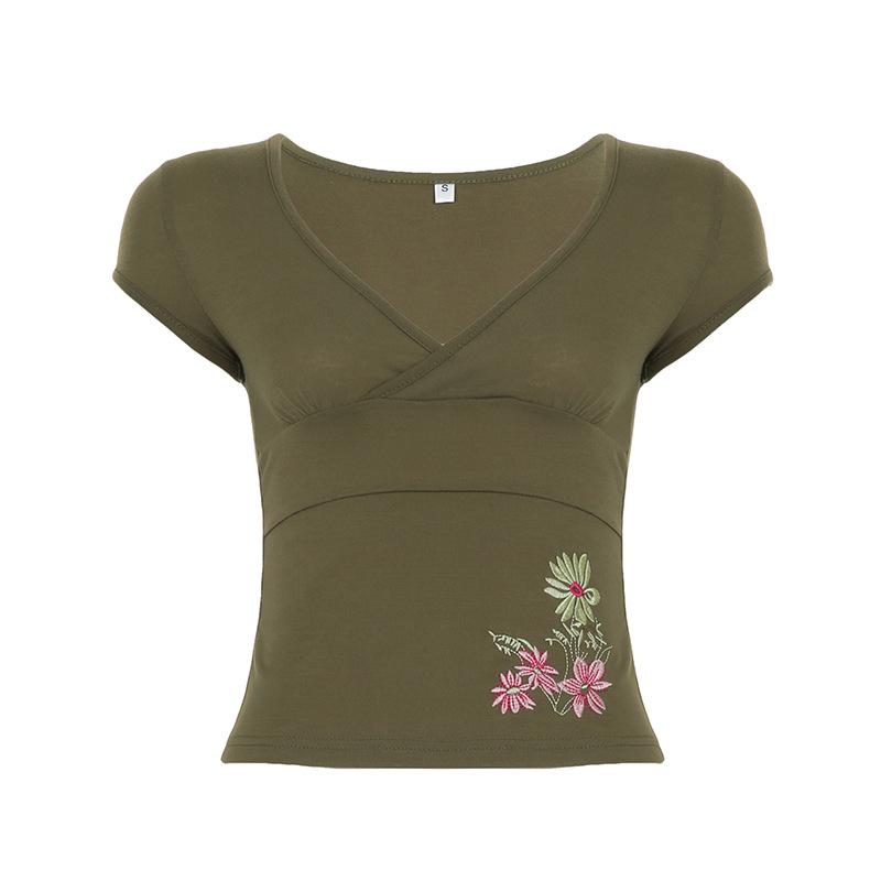 Women Brown V Neck Short Sleeve Blouse Floral Embroidery Bow Tie Waist Casual Top S